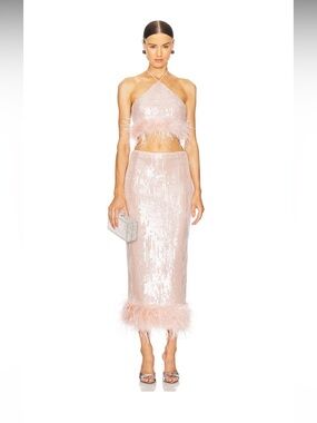 NBD |Aida Sequin Midi Skirt and Top| Blush Pink | Feather trim |New | Medium